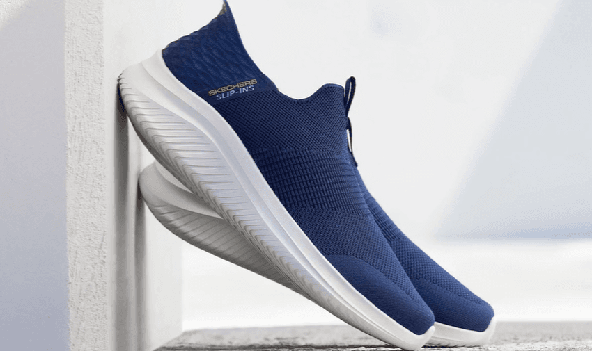 Skechers slip ins trainers in navy blue promo image highlighting comfort fit and Purpl disabled discounts member savings