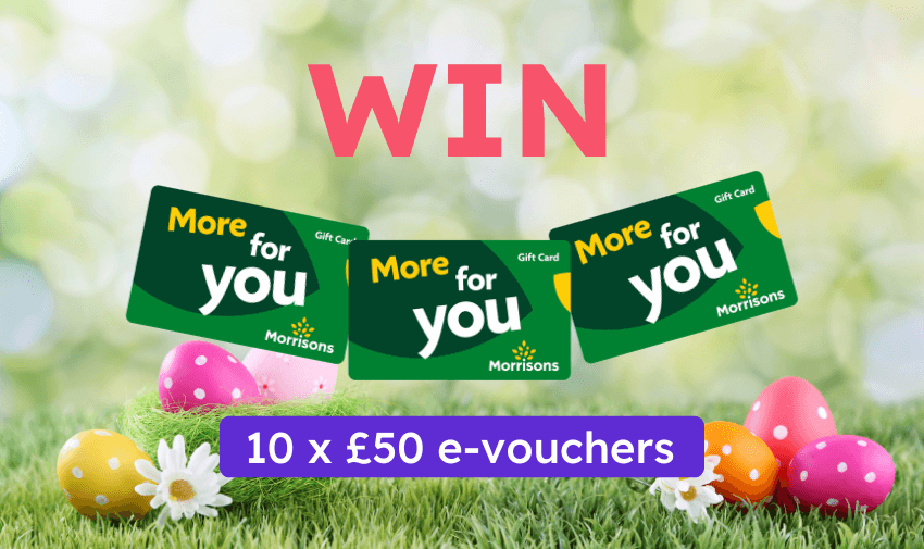 Win Morrisons Easter competition with 10 x £50 gift card e-vouchers. Colourful spring background with Easter eggs and flowers. Ideal for accessible grocery giveaways, food vouchers for disabled people, and inclusive shopping competitions UK.