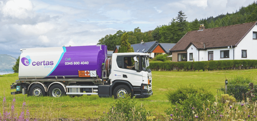 Certas energy fuel truck outside rural home Purpl disabled discounts members save on heating oil and home fuel delivery