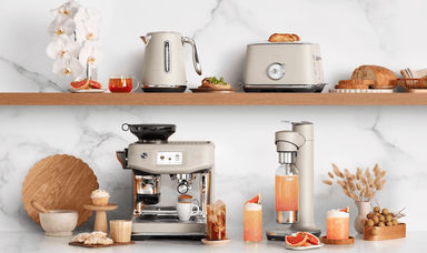 Beige Sage coffee machine, kettle, toaster and sparkling drink maker on a modern shelf with pastries and summer drinks. Inclusive kitchen discounts – accessible home appliances for disabled adults and carers in the UK.