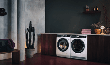 A modern laundry room features a front-loading washing machine and dryer side by side under a wooden countertop. The room is decorated with a potted cactus, a bench with a bag, and a small shelf with folded towels, plants, and bottles against a dark wall.