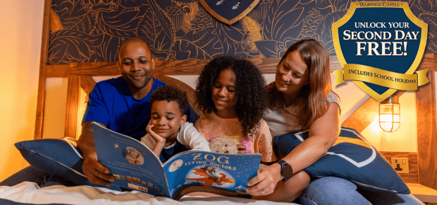 Family reading in Warwick Castle room, Purpl discounts for disabilities and long term health conditions, disabled travel discounts UK.