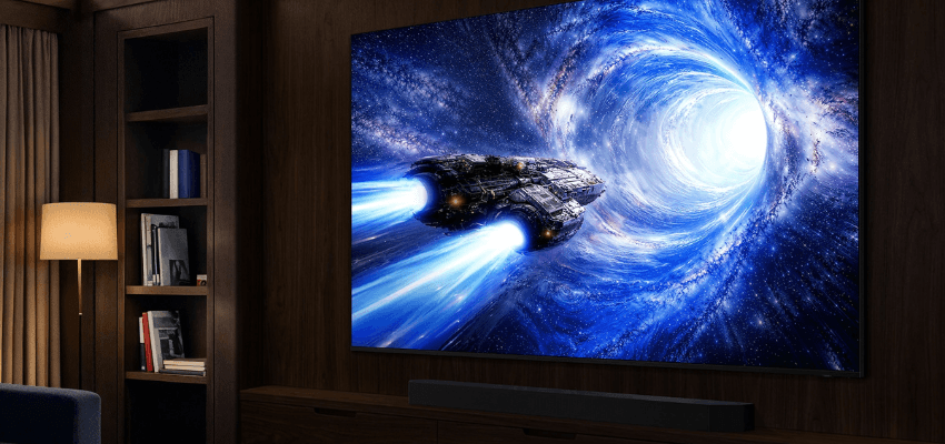 Sci-fi spaceship enters glowing wormhole on a TV, Currys Purpl discounts for disabilities and long term health conditions, mobility discounts and offers.