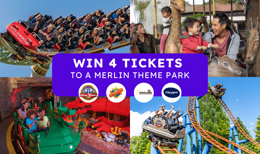 Merlin theme park competition banner showing thrill rides and families with children for a chance to win four tickets perfect for accessible days out and disabled family attractions UK.