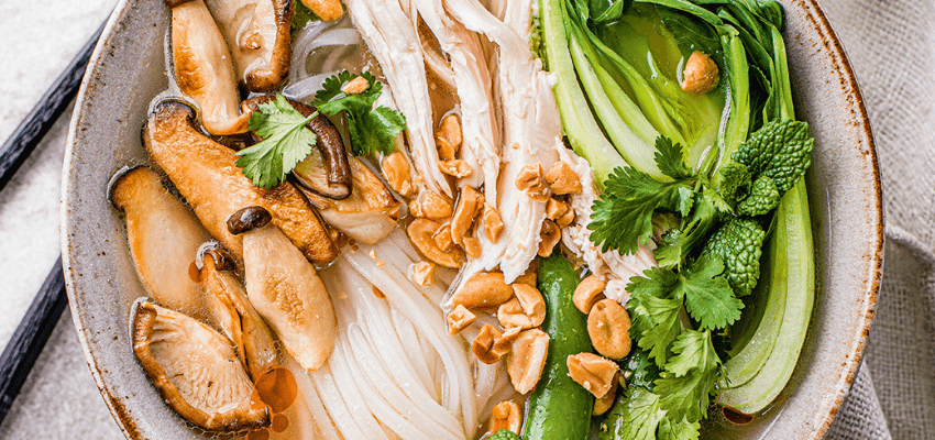 Ocado promo image fresh noodle bowl with vegetables and chicken Purpl disabled discounts members save on grocery shopping