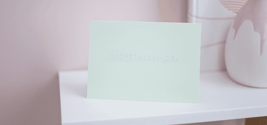 Close-up of Dotty About Braille card featuring tactile braille dots, inclusive gift cards supporting accessibility and disability discounts through Purpl