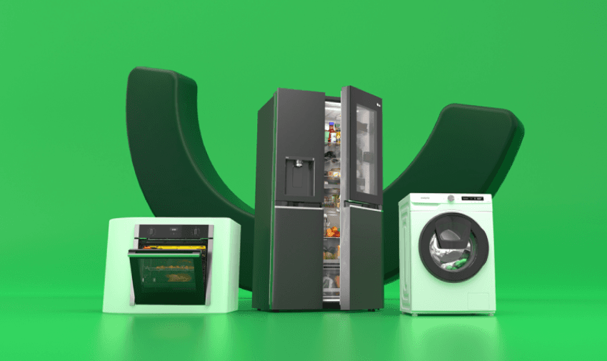 A refrigerator, washing machine, and oven from AO, set against a vibrant green background with abstract shapes, highlighting shopping discounts for disabled people.