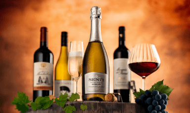 A premium collection of wine bottles and glasses, including red, white, and sparkling wine, arranged on a wooden barrel with grapes and leaves, showcasing affordable indulgence and wine bundle savings for disabled people in the UK.