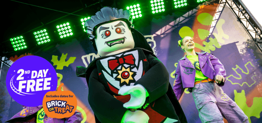 LEGO vampire mascot and performers on stage, LEGOLAND® Windsor Purpl discounts for disabilities and long term health conditions, mobility discounts and offers.