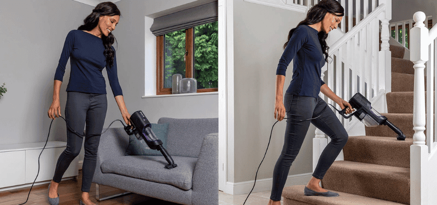 Woman vacuuming sofa and stairs with Shark UK, Purpl discounts for disabilities and long term health conditions, mobility discounts and offers.