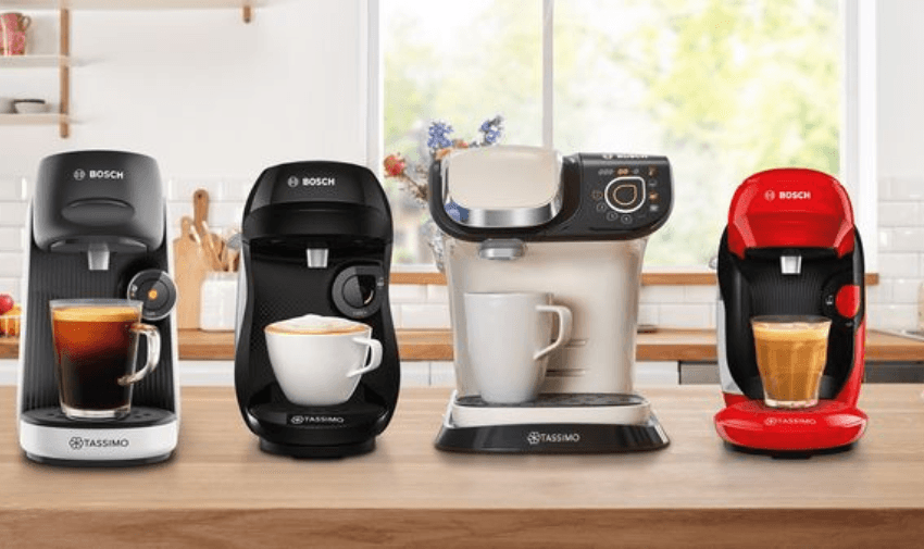 Tassimo coffee machines lined up in kitchen with exclusive disabled discounts on home appliances and assistive living offers