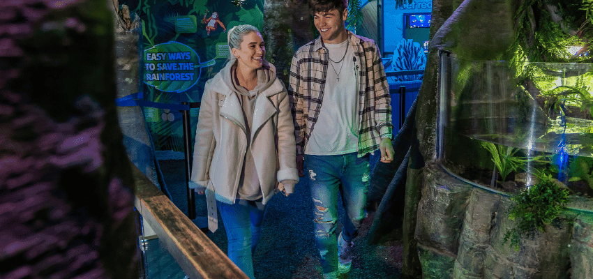 Couple walking through aquarium exhibits at Sea Life Scarborough, Purpl discounts for disabilities and long term health conditions, disabled travel discounts UK.