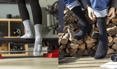 Grey sports socks worn at the gym and thermal black socks for outdoor warmth – Mobility Discounts and Offers UK.