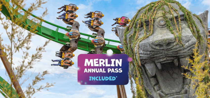 Rollercoaster riders beside giant gorilla, Chessington World of Adventures, Purpl discounts for disabilities and long term health conditions, mobility discounts and offers.