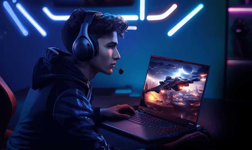 A young man wearing a gaming headset with a microphone is intensely focused on a laptop screen, playing a space combat game. He is seated in a dark room illuminated by futuristic neon lights on the wall behind him, creating a high-tech ambiance. The screen displays a spaceship flying through a galactic battle scene with planets and explosions in the background.