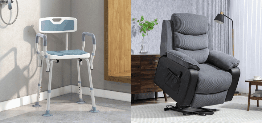 Shower chair and recliner in home, Aosom Purpl discounts for disabilities and long term health conditions, mobility discounts and offers.