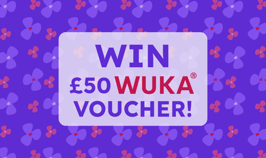 old purple graphic announcing a £50 WUKA voucher competition, surrounded by a fun floral pattern. Designed to support shopping discounts for disabled people including accessible period care products in the UK.
