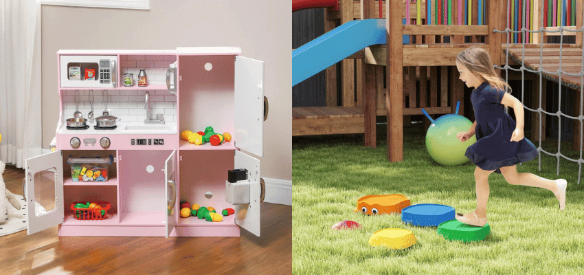 Toy kitchen and child on garden play set, Aosom Purpl discounts for disabilities and long term health conditions, mobility discounts and offers.