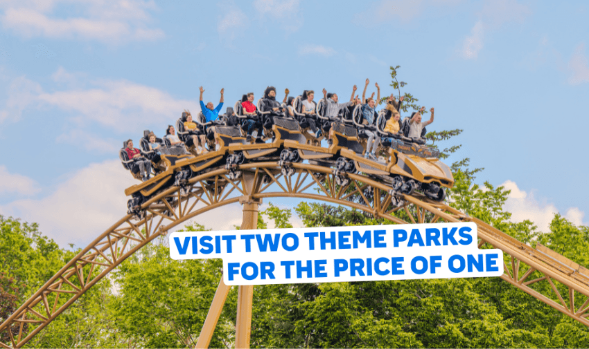 Excited visitors riding a high-speed rollercoaster through the trees at Thorpe Park on a sunny day, highlighting Purpl’s 2-for-1 accessible theme park offer for disabled people and carers looking for inclusive UK attractions and thrill ride discounts.
