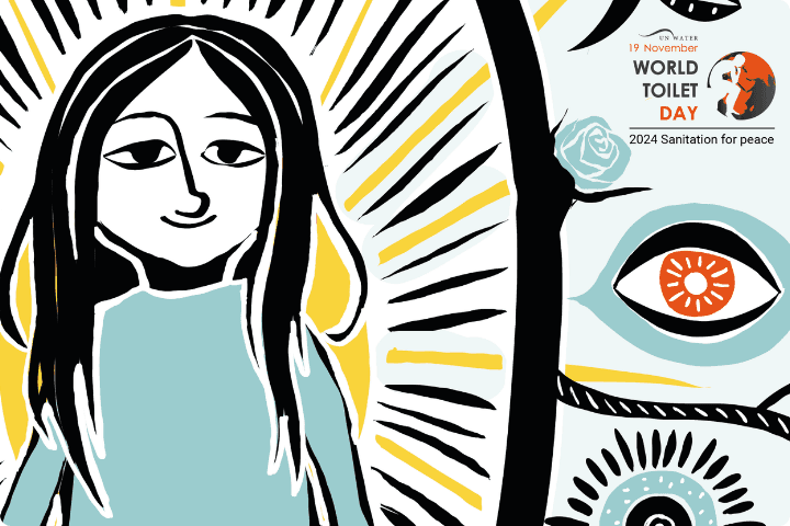 A lino print image with a girl, flags, eyes, leaves, flowers and the world toilet day logo