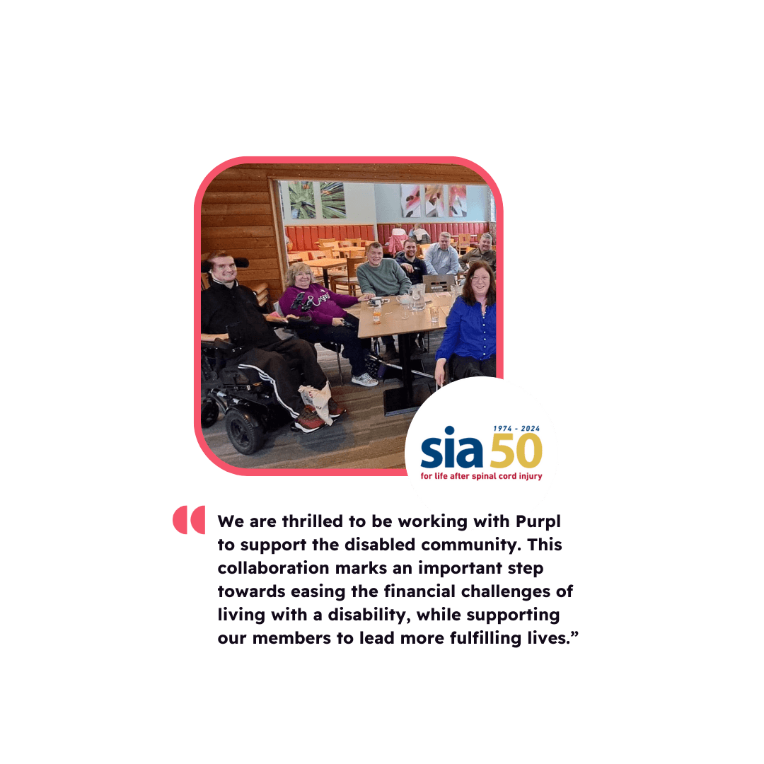 A group of people, including wheelchair users, sitting together at a restaurant table, with the SIA 50 logo for "life after spinal cord injury" and a quote about Purpl supporting the disabled community. Highlights Restaurant Discounts for Disabled People and Shopping Discounts for Disabled People.