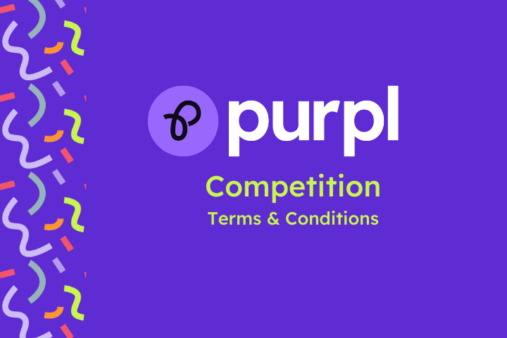 Purple background with confetti pattern on left side with text reading Purpl Competition Terms and Conditions