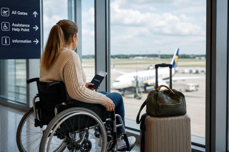 Disabled person preparing for accessible travel abroad while checking PIP holiday rules and Purpl discounts.