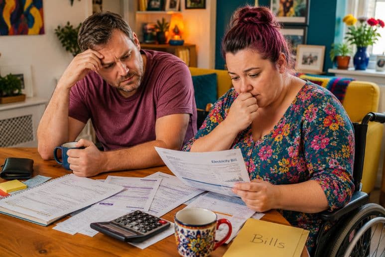 A disabled woman using a wheelchair sits with her partner at their kitchen table, looking worried as they review household bills and calculate living costs.