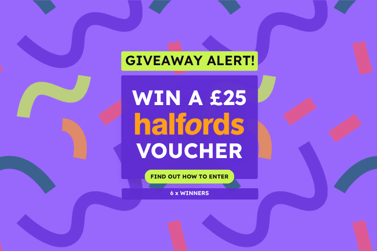 Colourful purple giveaway graphic announcing a chance to win a £25 Halfords voucher, promoting Purpl discounts for people with disabilities and long term health conditions who want help saving on car care, mobility products and essential vehicle costs.