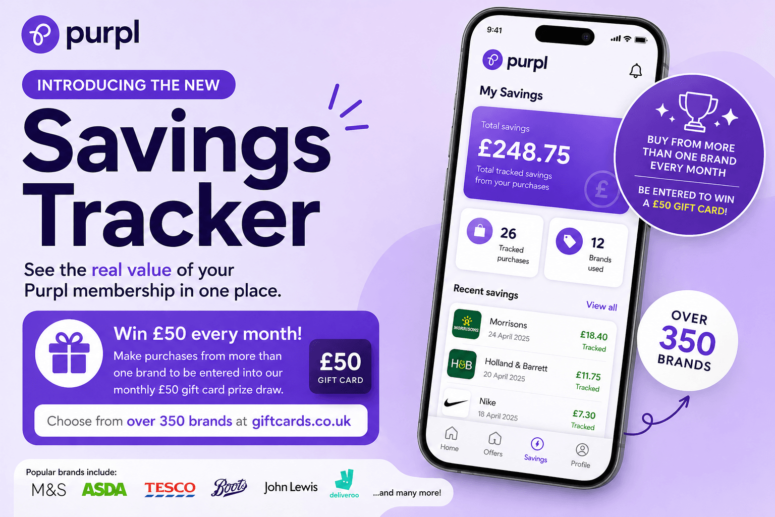 Purpl savings tracker showing disabled people how to track savings and win a £50 monthly prize draw using discounts across multiple brands.