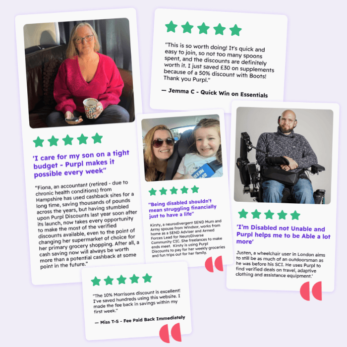 Real customer testimonials from disabled people and carers sharing experiences of saving money using Purpl discounts on groceries, essentials and everyday shopping.