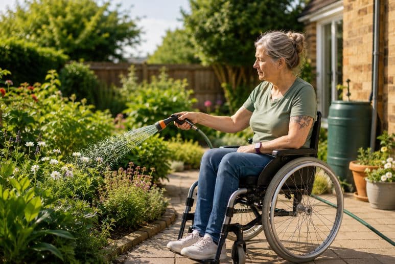 Disabled woman using a hosepipe to water plants in a garden during hot weather, showing UK hosepipe ban disability exemptions.