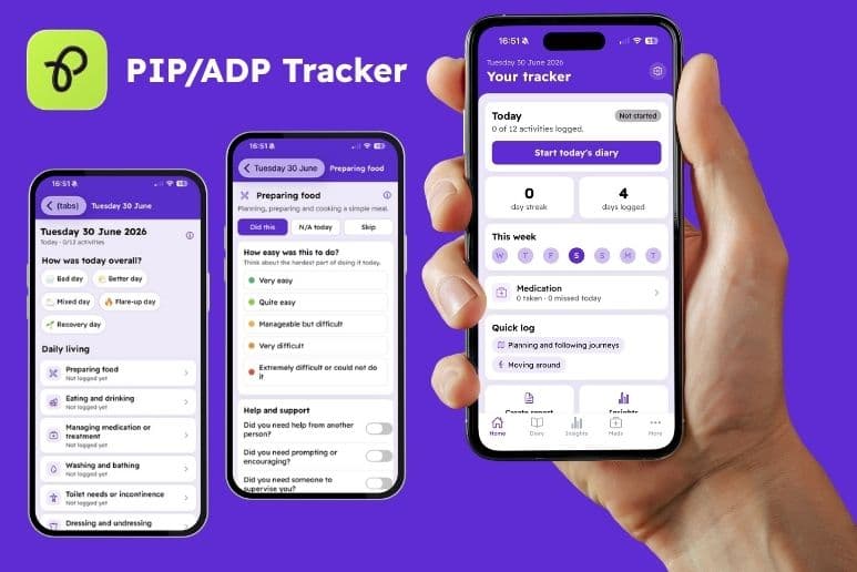 Purpl PIP / ADP Tracker app shown on three mobile phones, displaying the daily diary, PIP activity tracking and tracker dashboard.