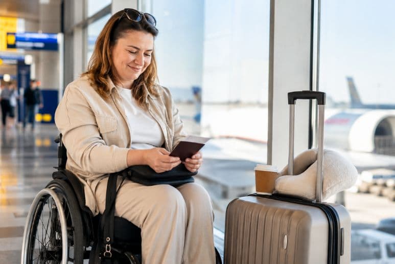 Disabled traveller preparing for a holiday with travel documents, medication and luggage.