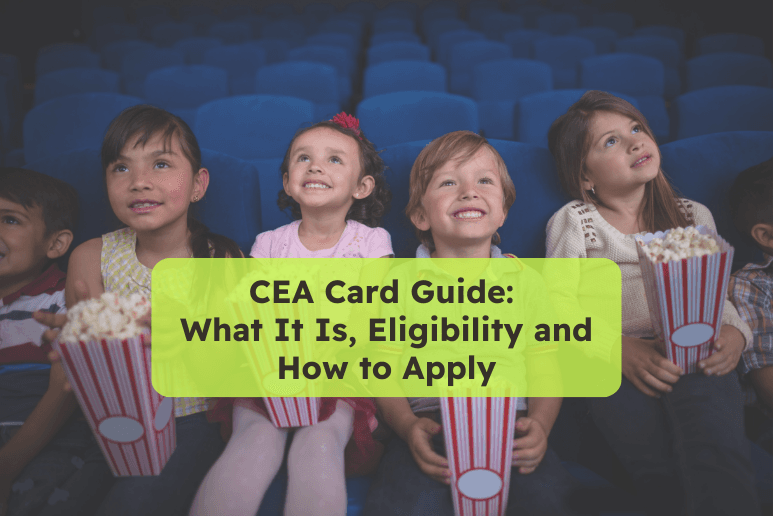 Children sitting in cinema seats with popcorn watching film with CEA card guide text about eligibility and how to apply, Disabled Travel Discounts UK and Accessibility Entertainment Offers.