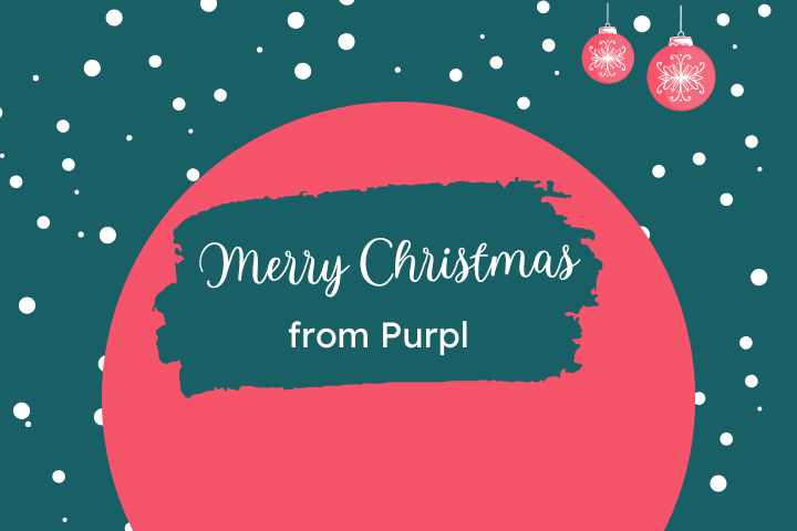 Green background with red circle and snow, text reads merry christmas from purpl