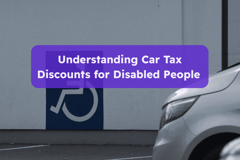 Car parked beside wall with wheelchair symbol and text about understanding car tax discounts for disabled people, Disabled Motoring Discounts UK and Vehicle Tax Savings.