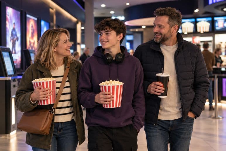 Parents and their teenage son wearing headphones enjoying a family trip to the cinema