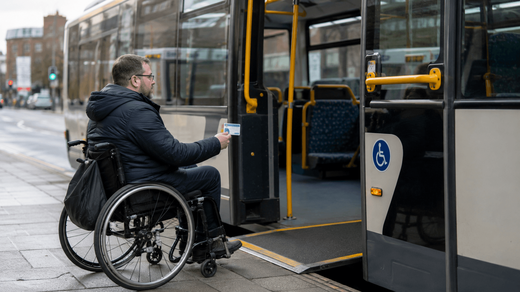 Disabled person using accessible public transport with information about free bus passes, disabilities, long term health conditions and Purpl discounts.