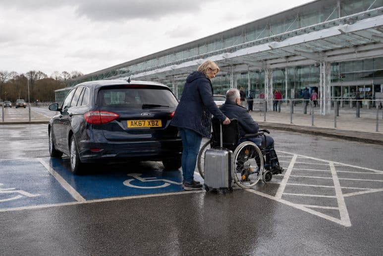 Blue Badge holder parking near an airport terminal with accessible bays, showing airport parking for Blue Badge holders and Purpl travel discounts.