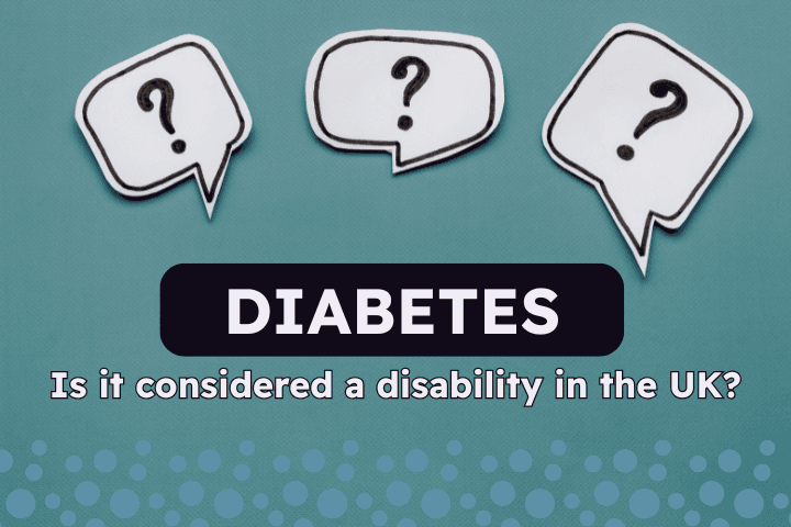 Green background with three question marks in speech bubbles above text that reads: Is it considered a disability in the UK - Diabetes