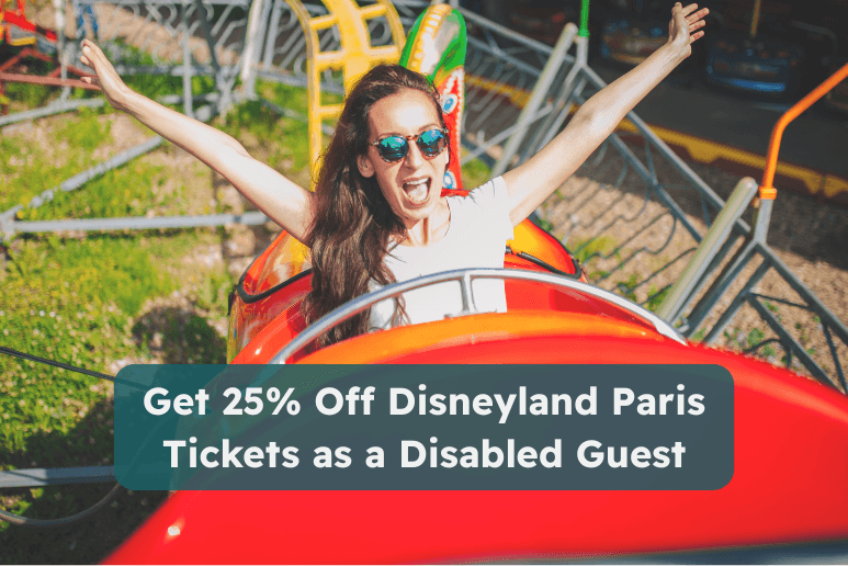 Woman enjoying a rollercoaster ride with arms raised, promoting 25% off Disneyland Paris tickets for disabled guests, with accessible travel savings and family-friendly disability discounts in the UK and Europe.