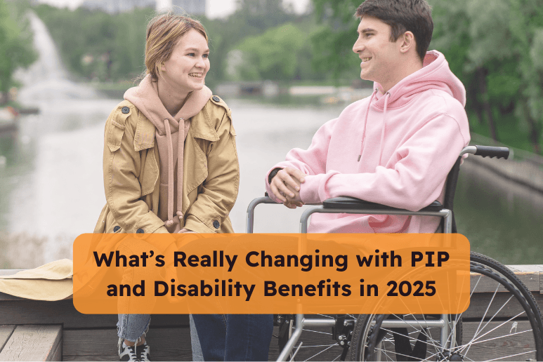 Two people chatting outdoors beside a river, one seated in a wheelchair and the other on a bench, symbolising the human impact of government reforms and upcoming 2025 changes to PIP and disability benefits in the UK.