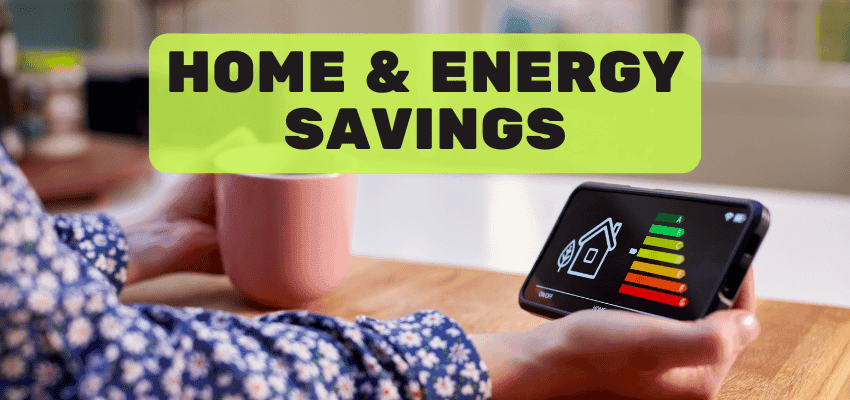 Person holding a smart reader displaying an energy efficiency rating chart while drinking from a pink mug, with text overlay “Home & Energy Savings.” Guide to cutting household bills and finding Purpl energy discounts, broadband savings, home efficiency offers and more - for disabled people in the UK.