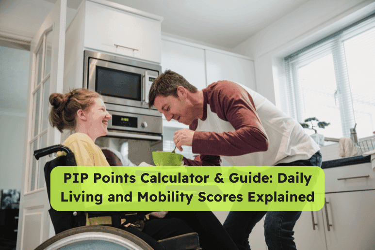 A man playfully feeds a smiling wheelchair user in a bright kitchen, creating a warm and supportive moment; with title "PIP Points Calculator & Guide: Daily Living and Mobility Scores Explained"