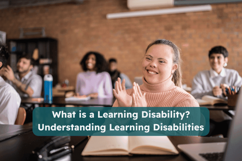 Young woman with Down’s syndrome smiling and clapping in a classroom surrounded by classmates. Represents inclusion and education for people with learning disabilities, supporting Purpl’s mission to raise awareness and provide resources for understanding learning disabilities in the UK.