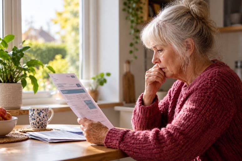 Older woman with an energy bill at home while checking Warm Home Discount support for winter energy costs.