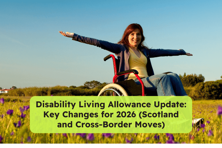 Disabled woman using a wheelchair outdoors with arms outstretched, representing Disability Living Allowance updates for 2026, Scotland cross-border moves, and disability benefits support for people with long-term health conditions in the UK.