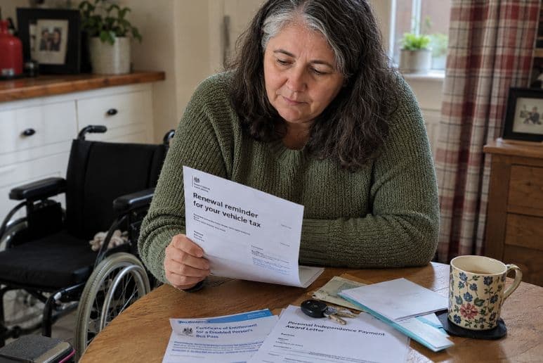 Disabled person reviewing car tax paperwork beside car keys and mobility documents at home.