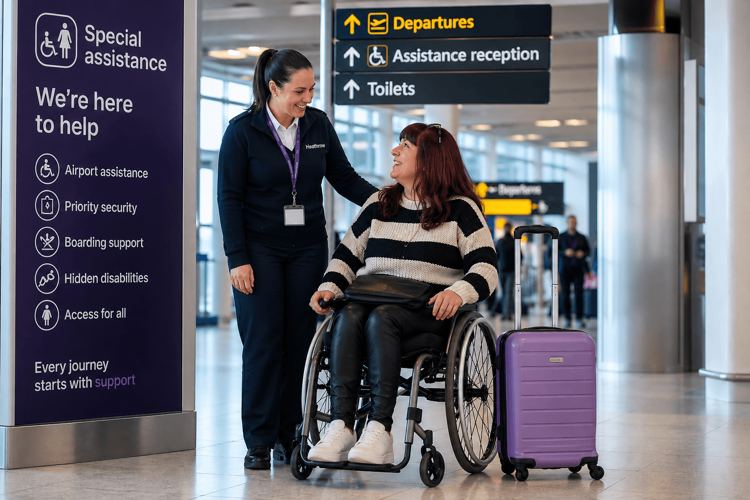 Disabled traveller receiving airport assistance, accessible travel UK, airport support and travel discounts for people with long term health conditions.